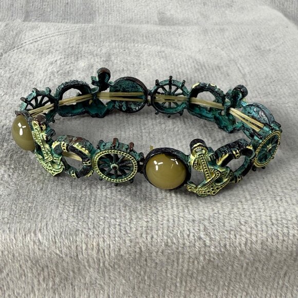 Nautical-Themed Stretch Bracelet Aged Patina Finish Tan Green Accents Distressed - Picture 16 of 16